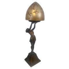 Stylized Art Deco Reclining Nude Table Lamp, Original Acorn Shade