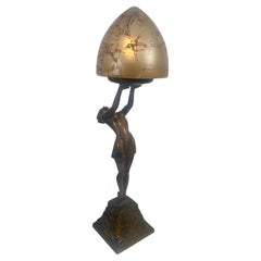 Vintage Stylized Art Deco Reclining Nude Table Lamp, Original Acorn Shade