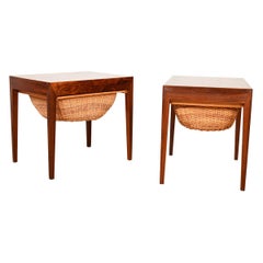 Pair of Danish Rosewood Night Stands /Sewing Basket Tables with Storage Drawer