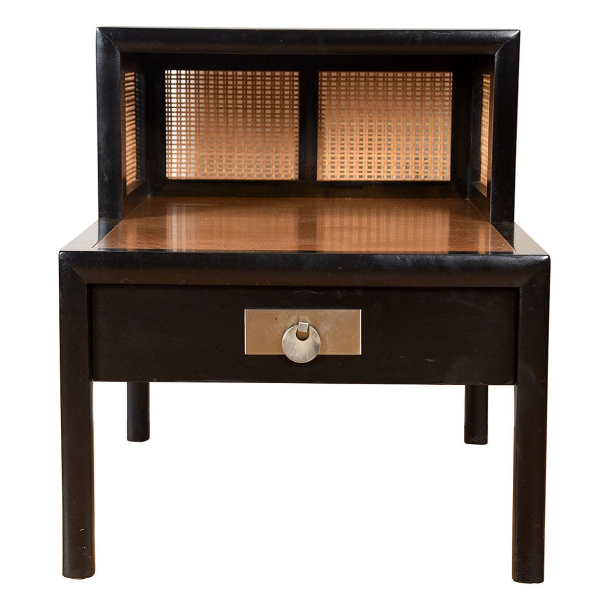 Baker Midcentury Decorator Black Lacquer + Cane Step Side Table For Sale