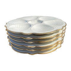 Vintage French Restaurant White w/ Gold Porcelain Oyster Plates 