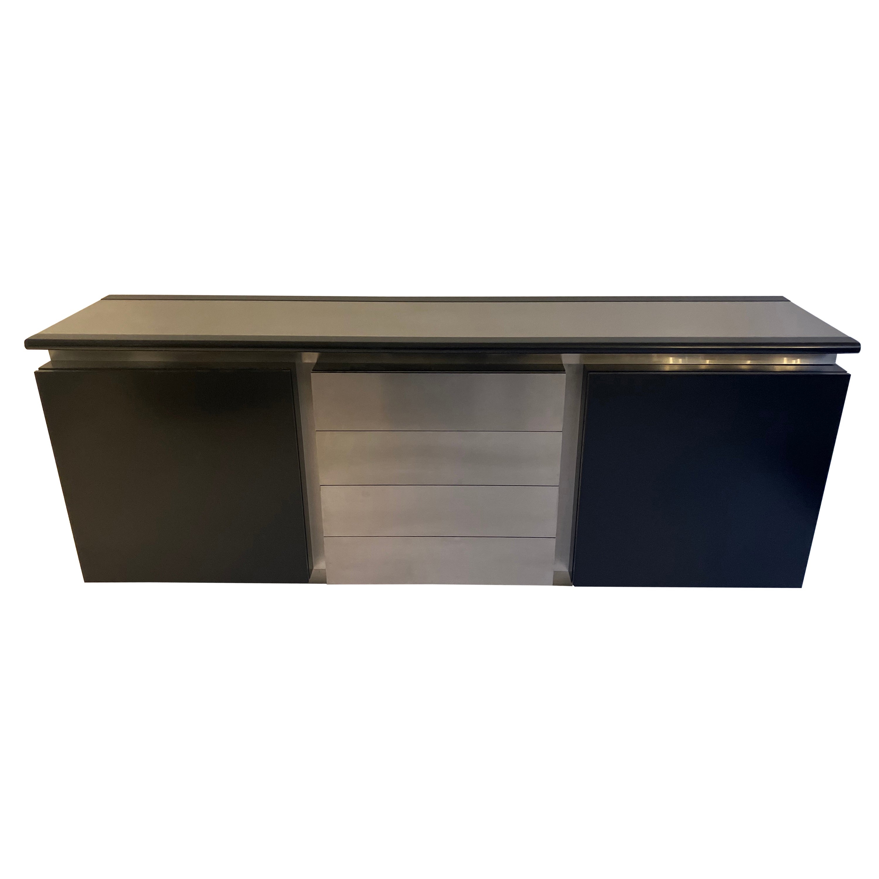 Acerbis Side Cabinet in Black Lacquer and Brushed Steel Italian, circa 1970s For Sale