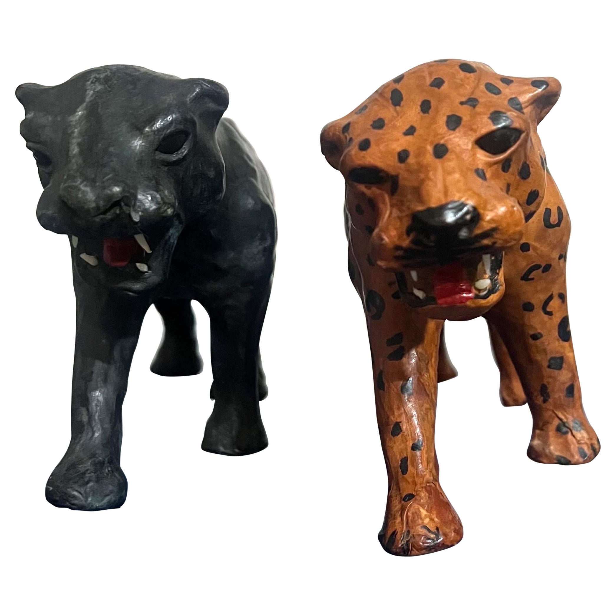 Pair of Mid-Century Folk Art Leather and Paper Mache Big Cat Figures For Sale