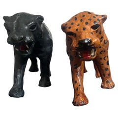 Vintage Pair of Mid-Century Folk Art Leather and Paper Mache Big Cat Figures