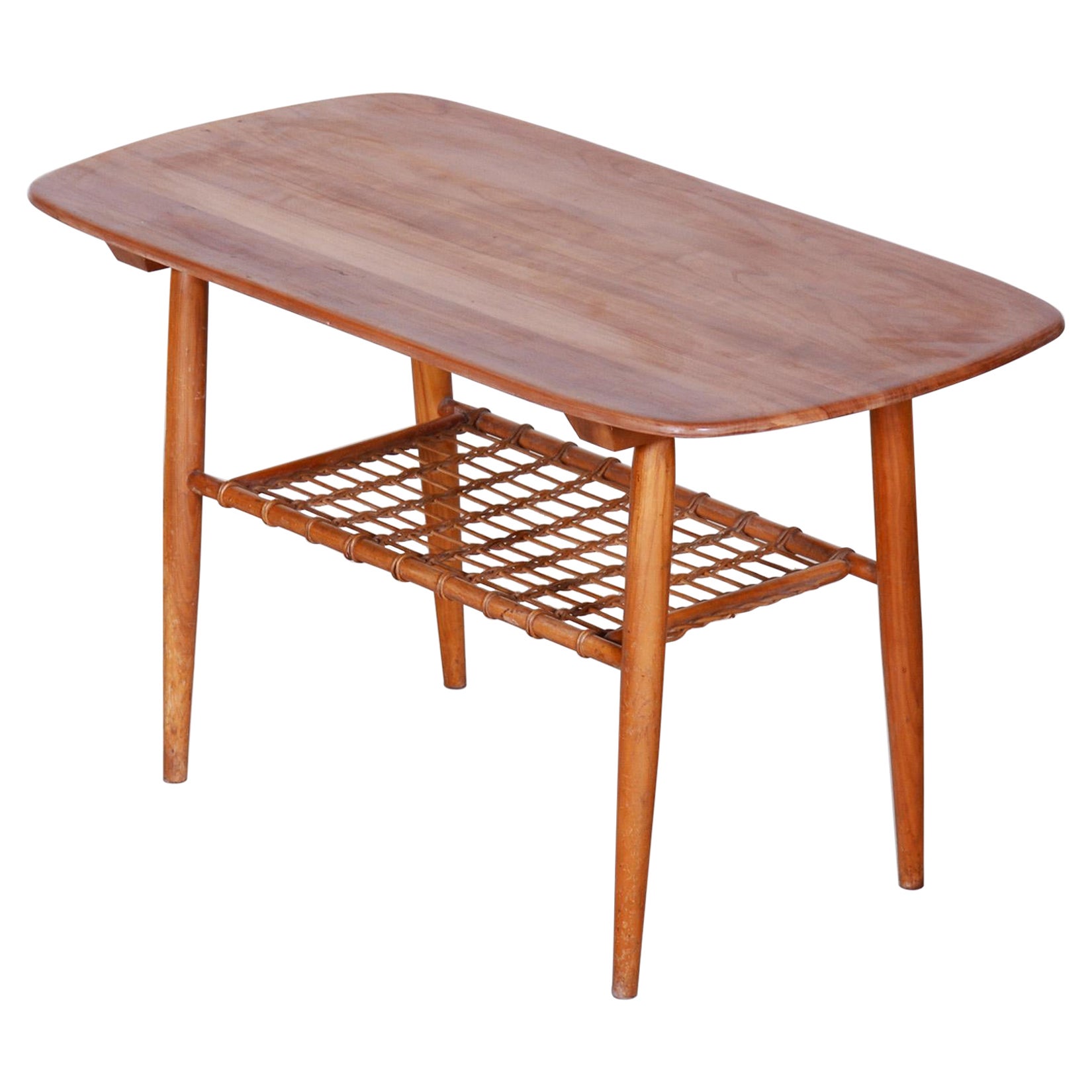 Restored Mid-Century Style Coffee Table, Cherry-Tree, Rattan, 1950s, Czechia For Sale