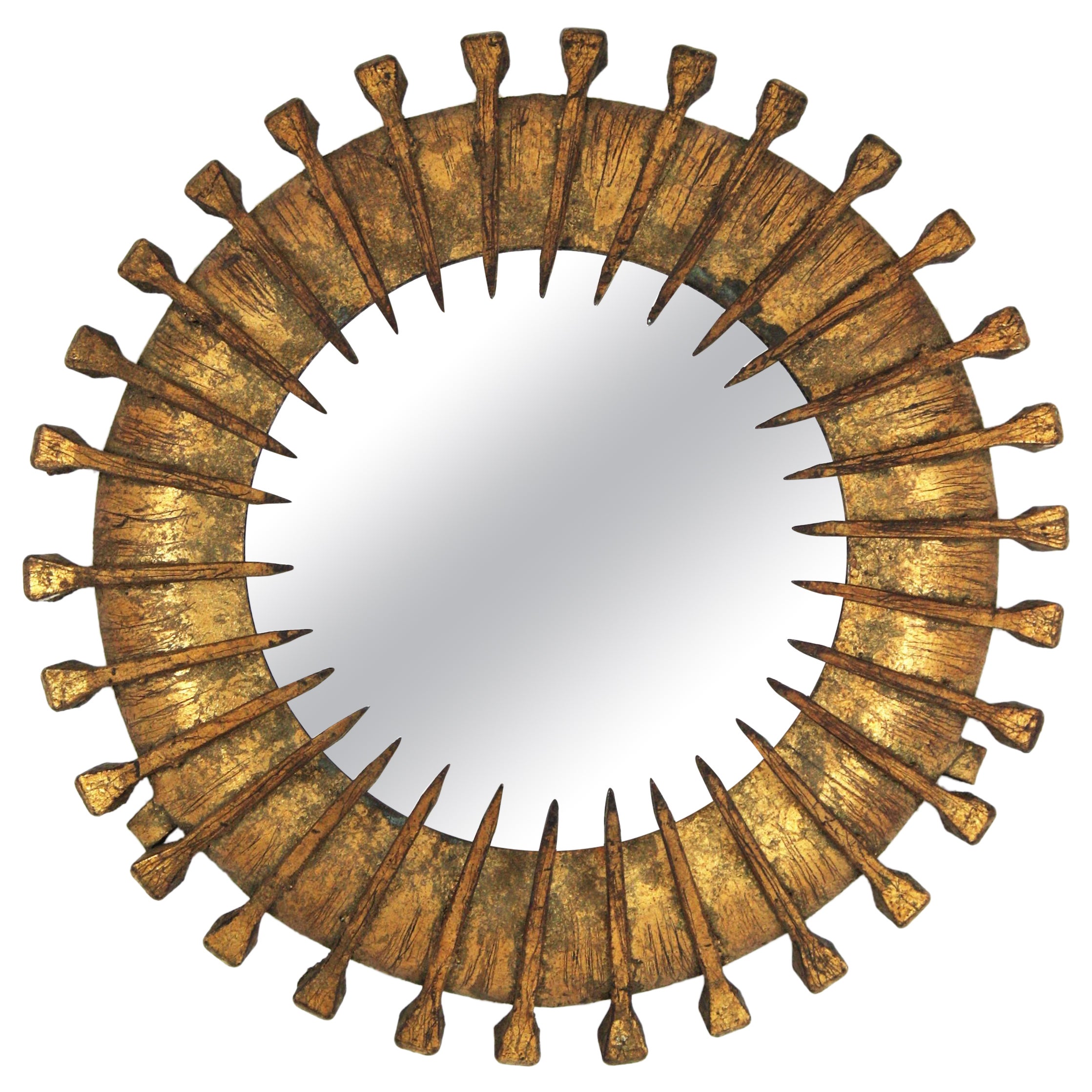 Brutalist Sunburst Mirror with Nails Detail, Gilt Iron, 1950s