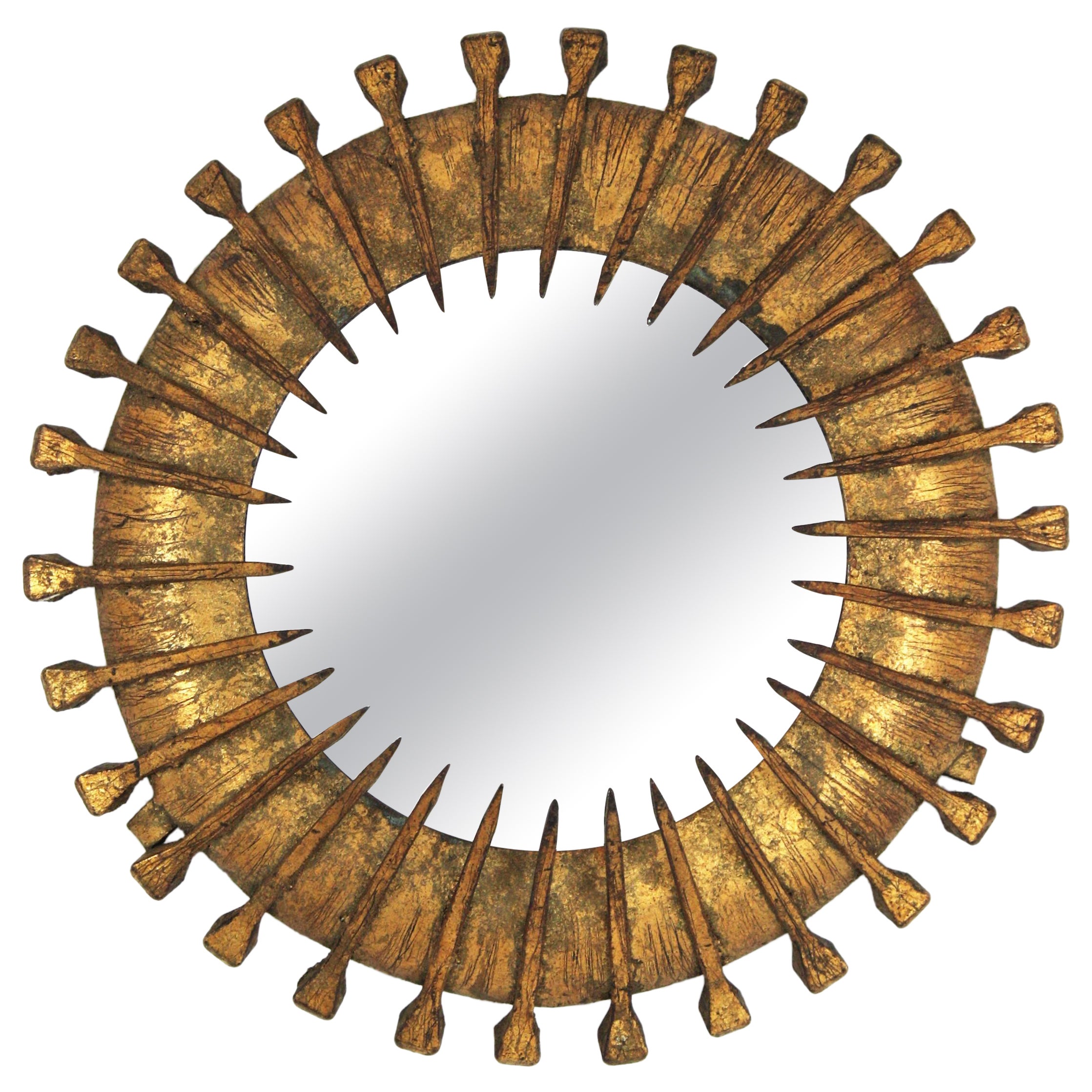 Sunburst Brutalist Mirror with Nails Detail, Gilt Iron