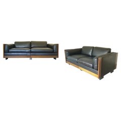Sofás modulares de cuero negro y nogal Mod. 920 de Afra & Tobia Scarpa para Cassina