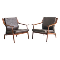 Pair of Italian Wooden Armchairs with Brown Faux Leather Upholstery