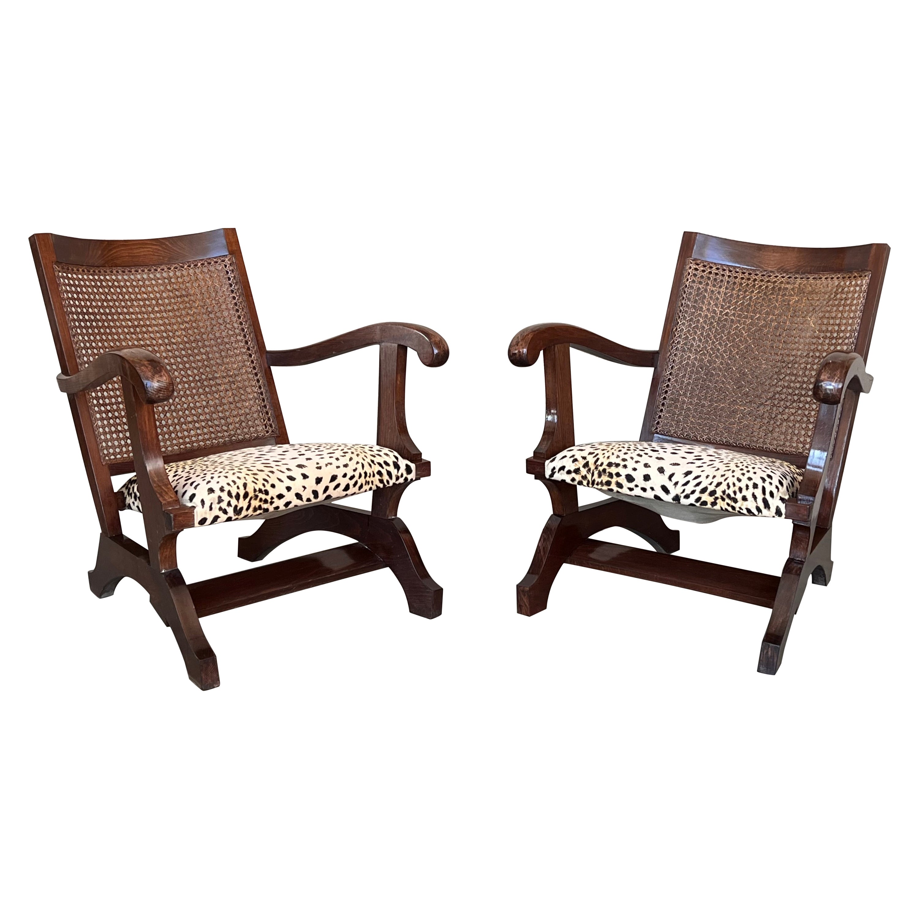 Pair of Mid 20th Century Walnut, Caned Back Fireplace Low Armchairs For Sale