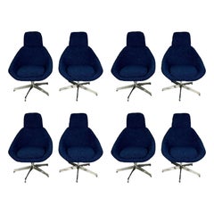 Set of Eight Blue Mid-Century Modern Armless Office / Dining Chairs, Boucle