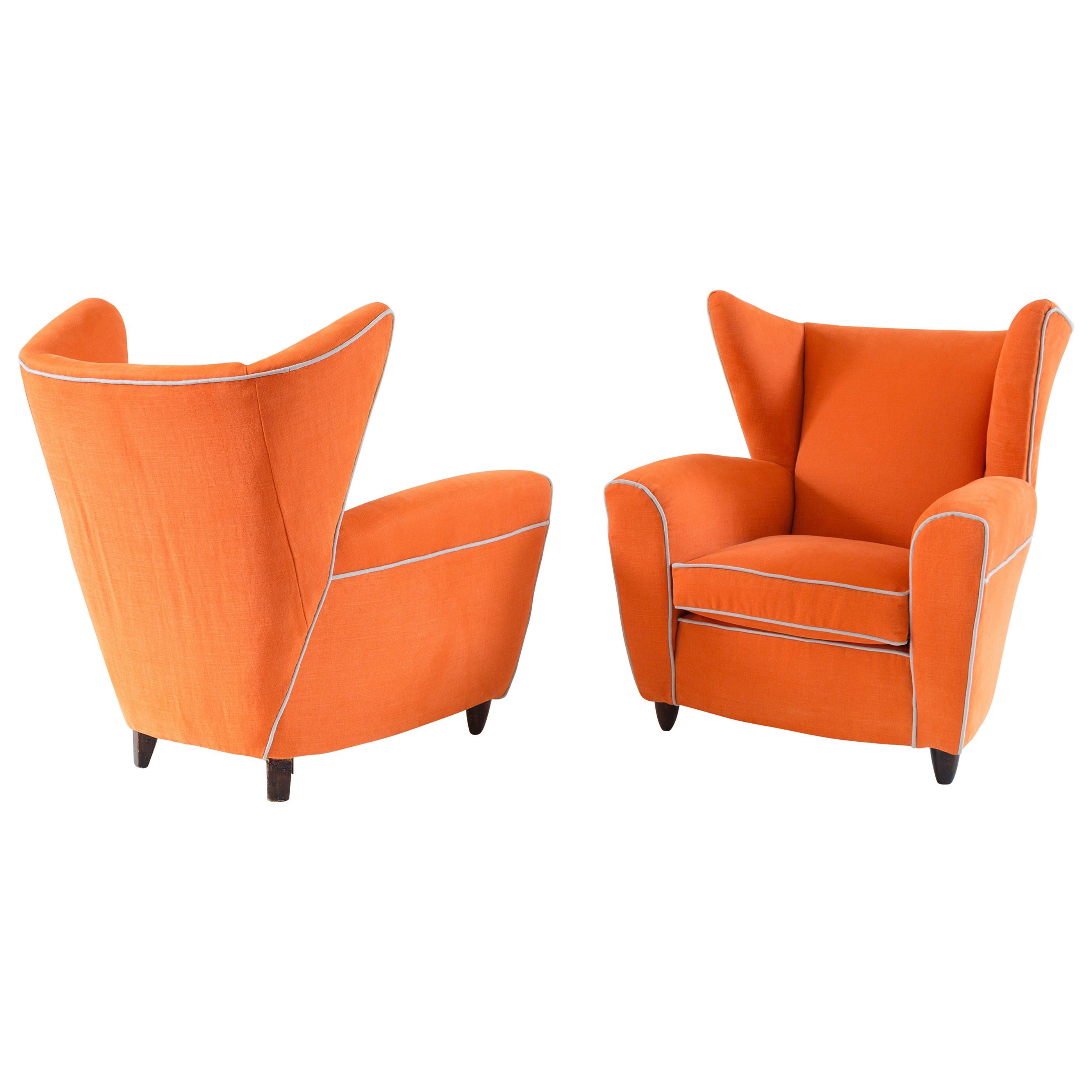 Pair of Large Attributed Melchiorre Bega Wingback Orange Armchairs, 1952
