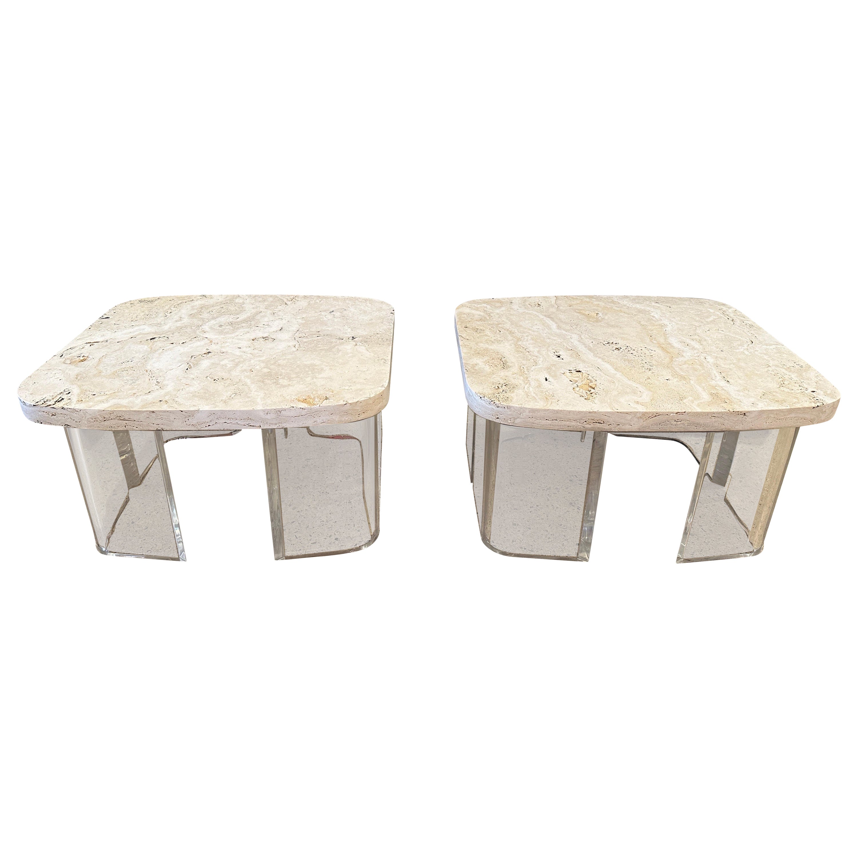 Natural Travertine and Lucite Sidetables, Pair For Sale