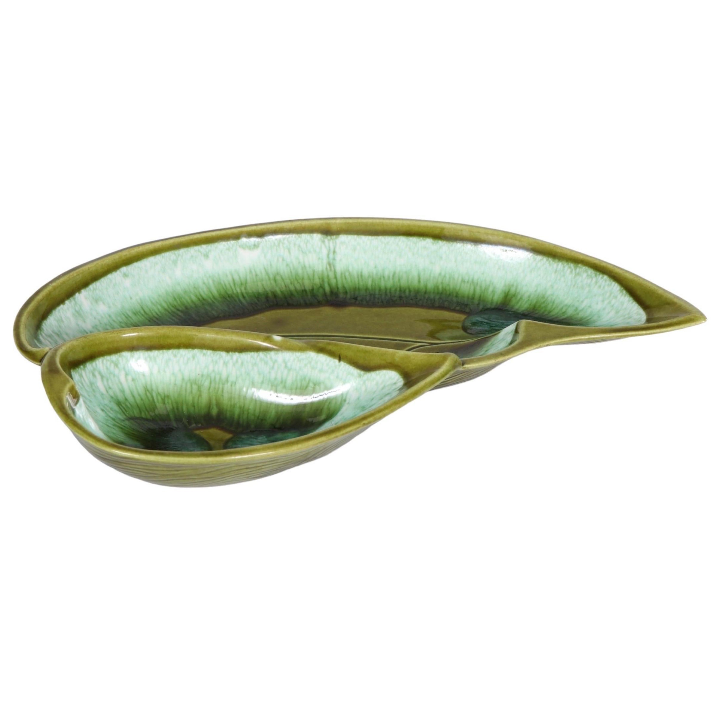 1960s MCM Green Drip Glaze Ceramic Serving Dish For Sale