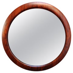 Retro Large Round Italian Modernist Rosewood and Chrome Mirror by Mac Arredamenti