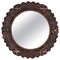 Spanish Colonial Wall Mirror in Carved Wood with Metal Flowers