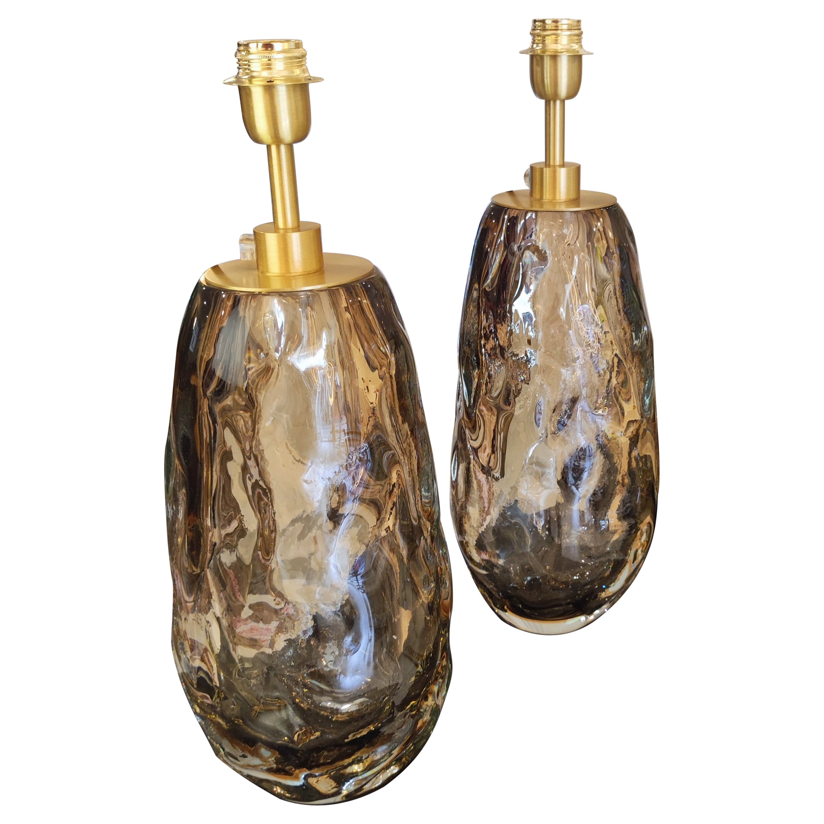 Pair of Lamps in Light Brown/Smoked Murano Glass