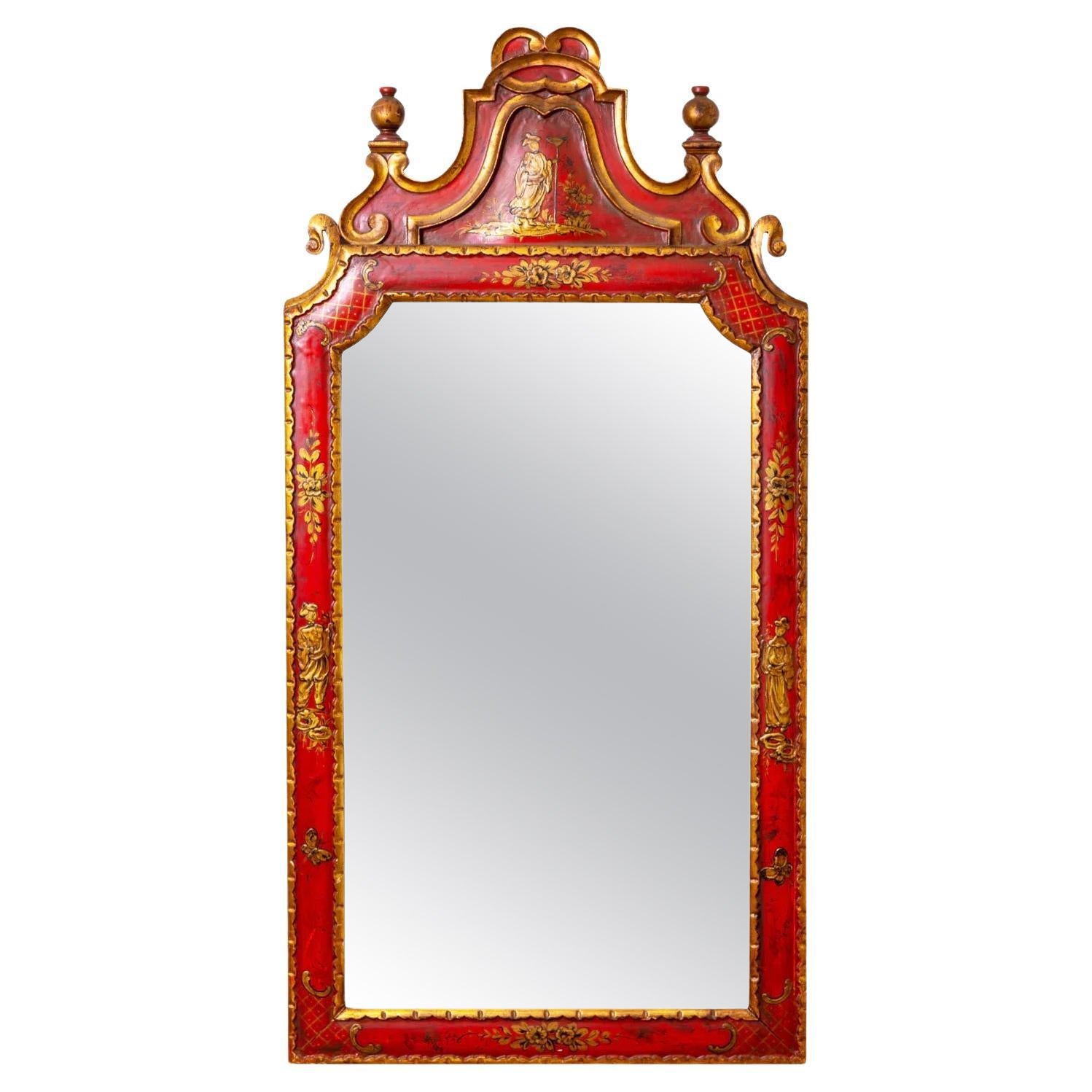 Baroque Style Red and Gilt chinoiserie Mirror For Sale