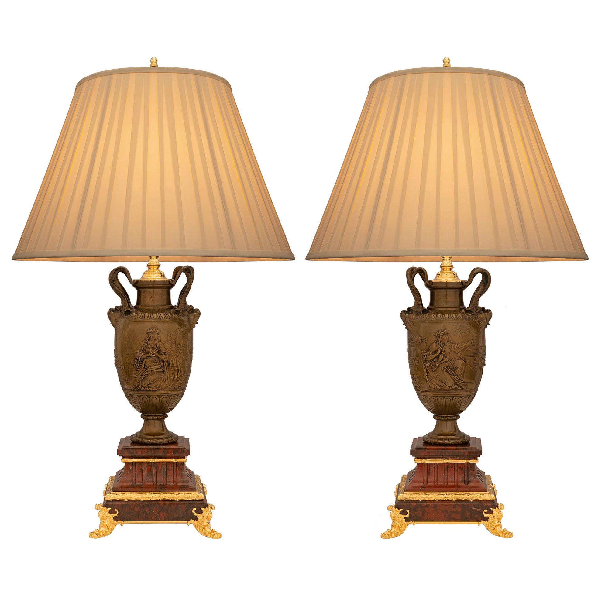 Pair of French 19th Century Renaissance St. Bronze, Ormolu and Marble Lamps