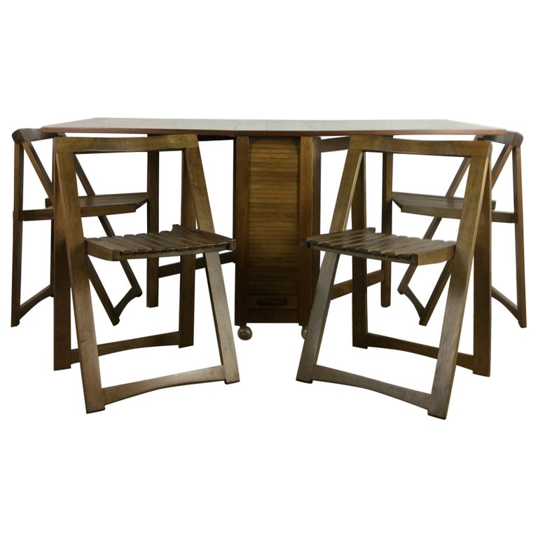 Danish Modern Drop Leaf Dining Table with 4 Folding Chairs For Sale at ...