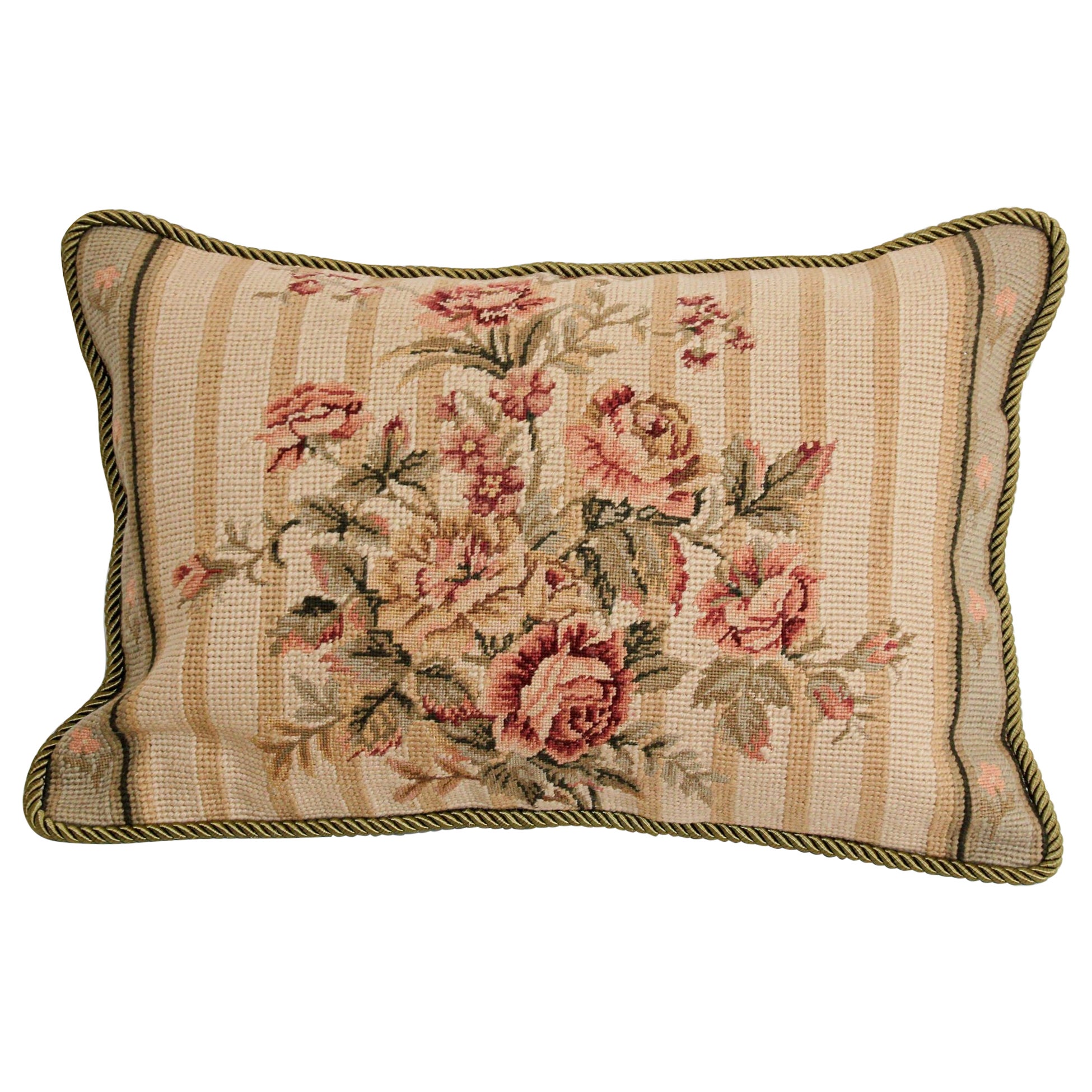 Vintage French Aubusson Tapestry Style Needlepoint Lumbar Pillow For Sale