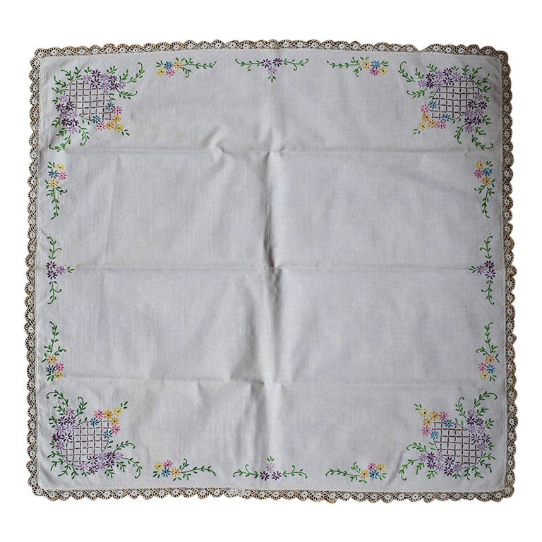 Midcentury Square Hand-Embroidered Pineapple Motif Tablecloth with Lace Trim