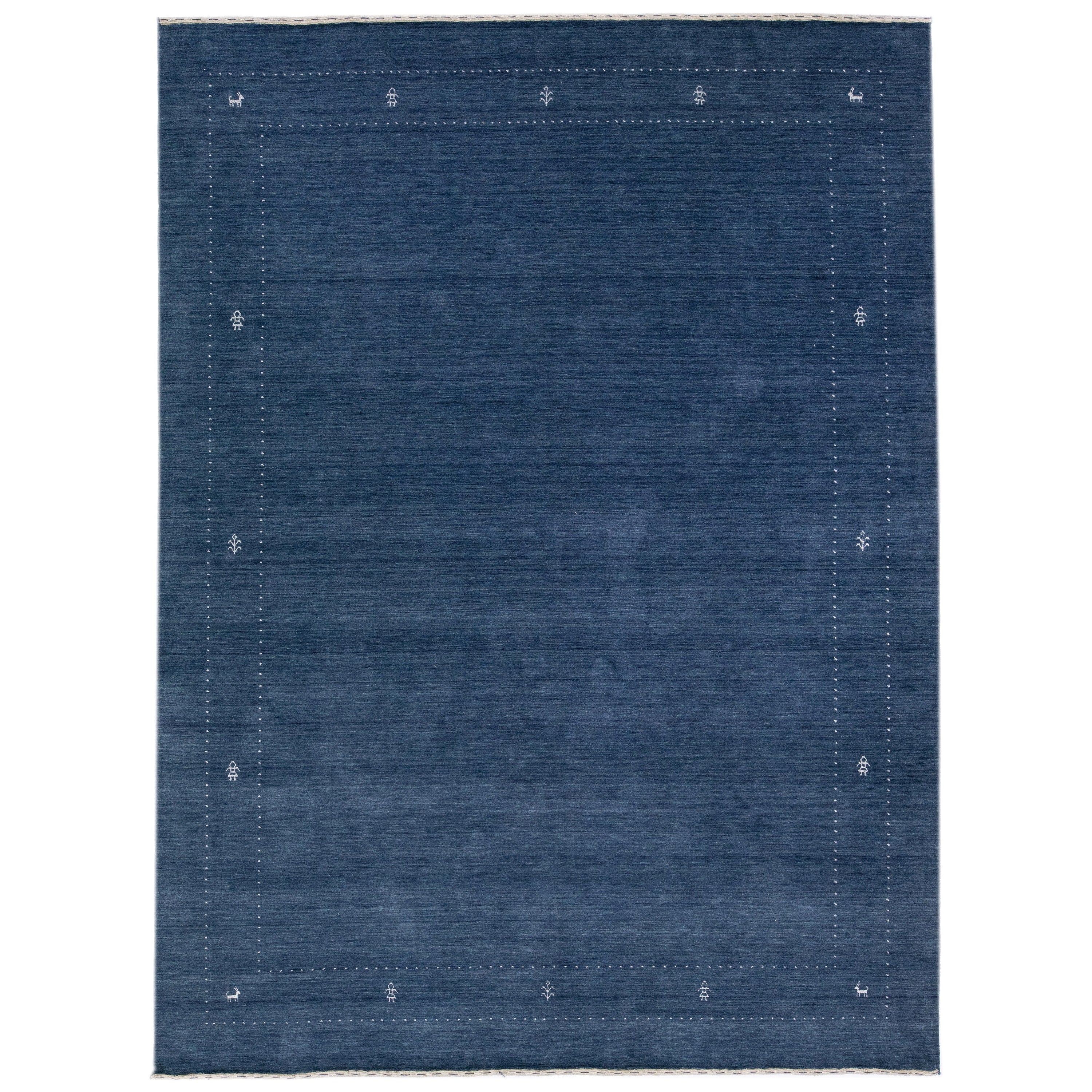  Handmade Modern Gabbeh Style Blue Wool Rug with Minimalist Motif For Sale