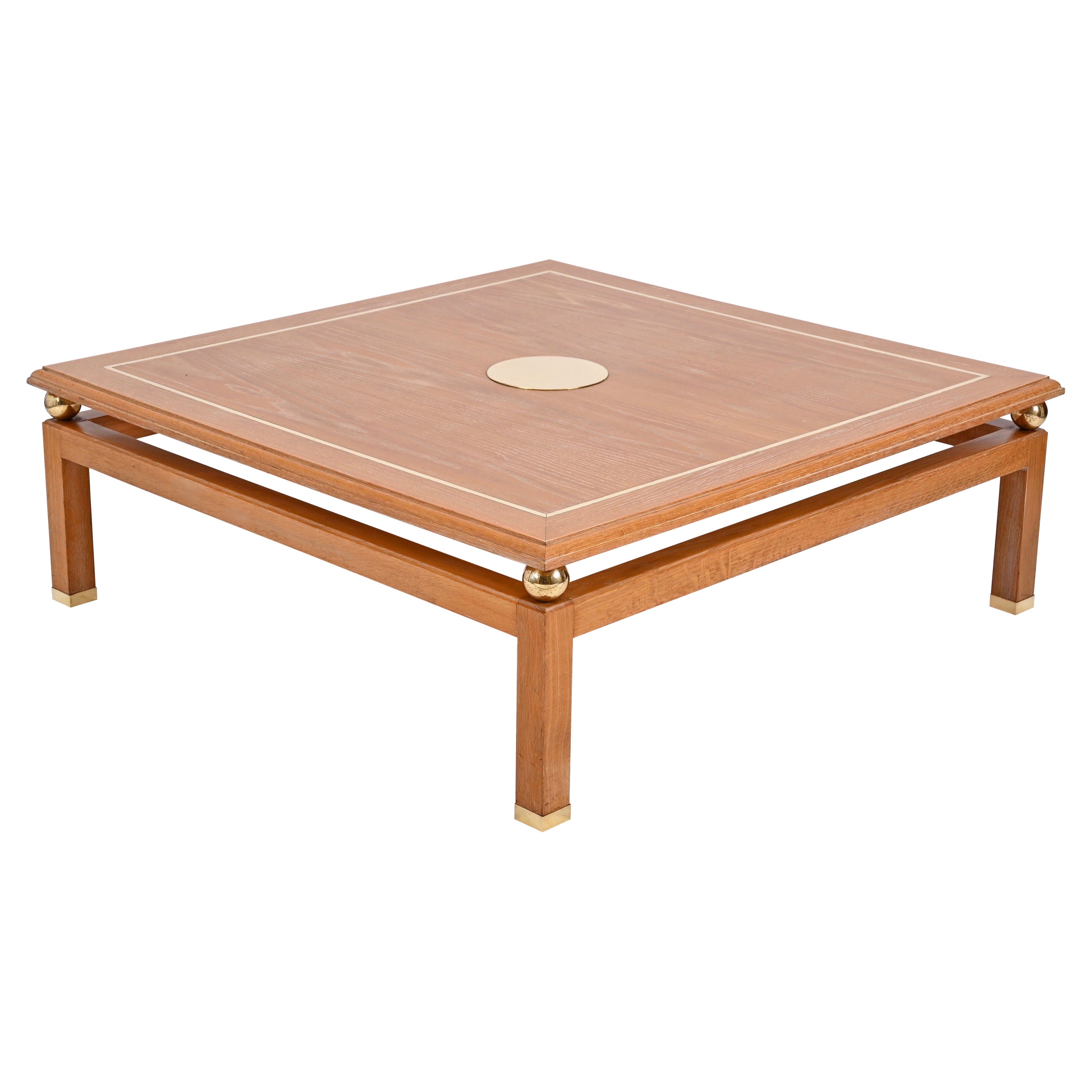 Coffee Table in Oak Wood and Brass, Signed by Tommaso Barbi, Italy, 1970s For Sale