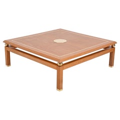 Vintage Coffee Table in Oak Wood and Brass, Signed by Tommaso Barbi, Italy, 1970s