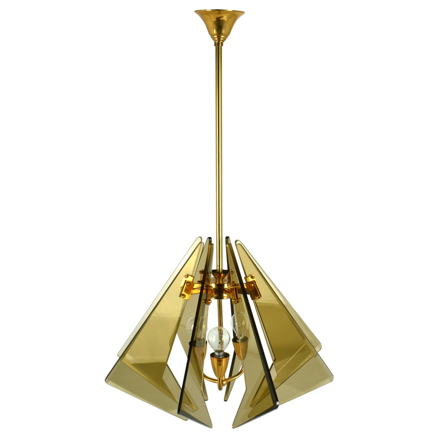 Chandelier inTinted Glass and Gilded Brass by Gino Paroldo, Fontana Arte For Sale