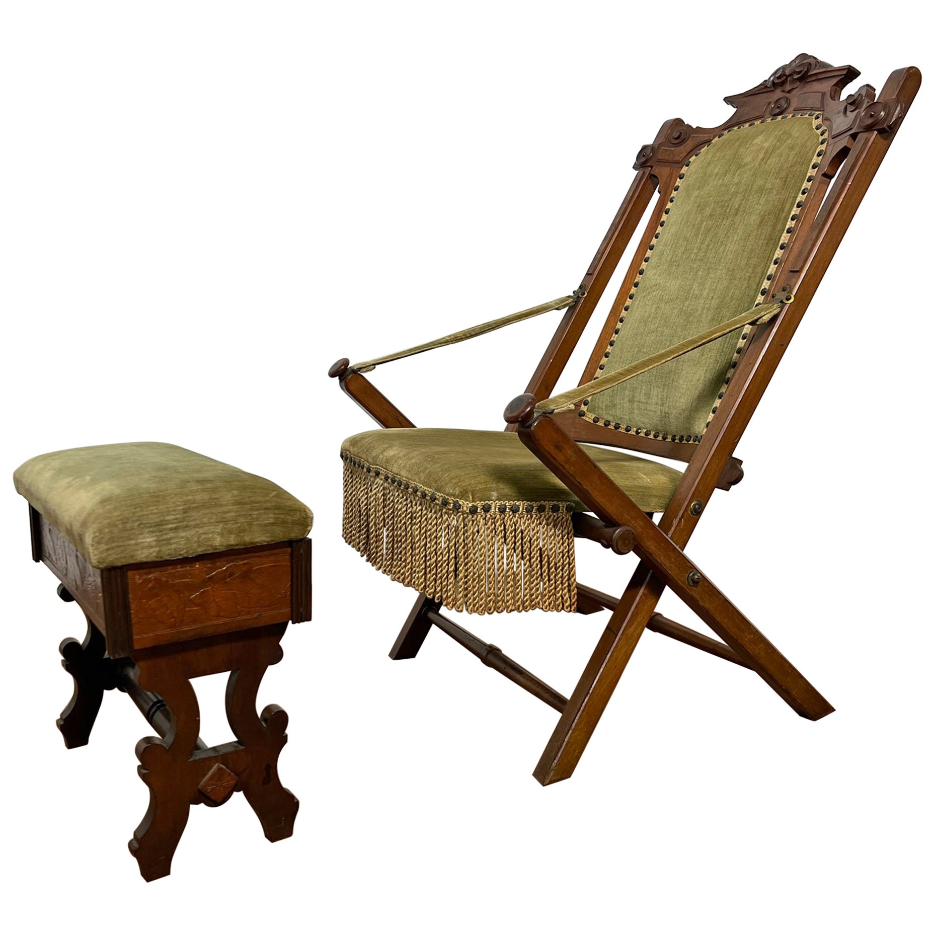 Victorian Era Campaign Chair with Lidded Ottoman, circa 1890s For Sale