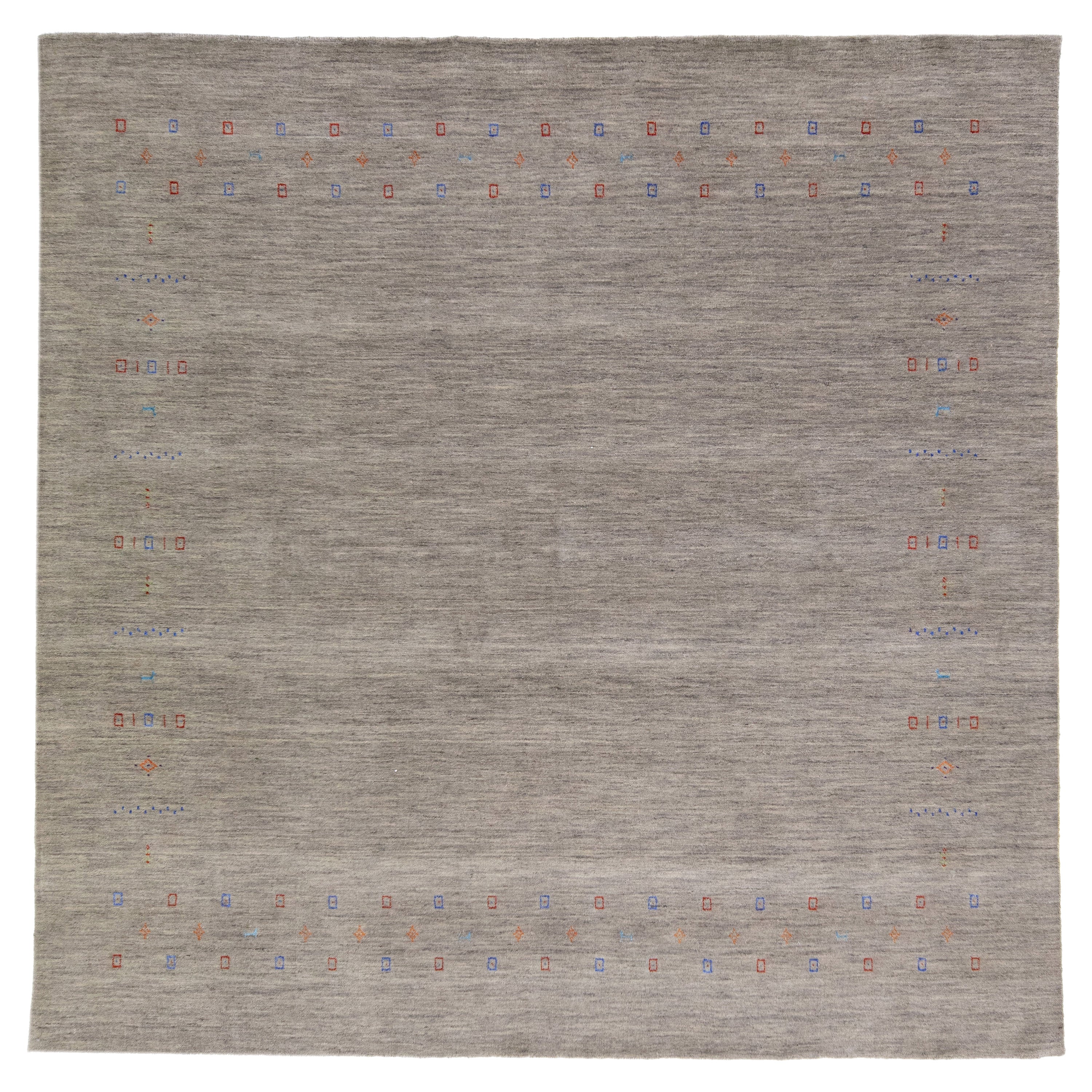 Modern Square Gabbeh Style Wool Rug in Gray & Beige For Sale