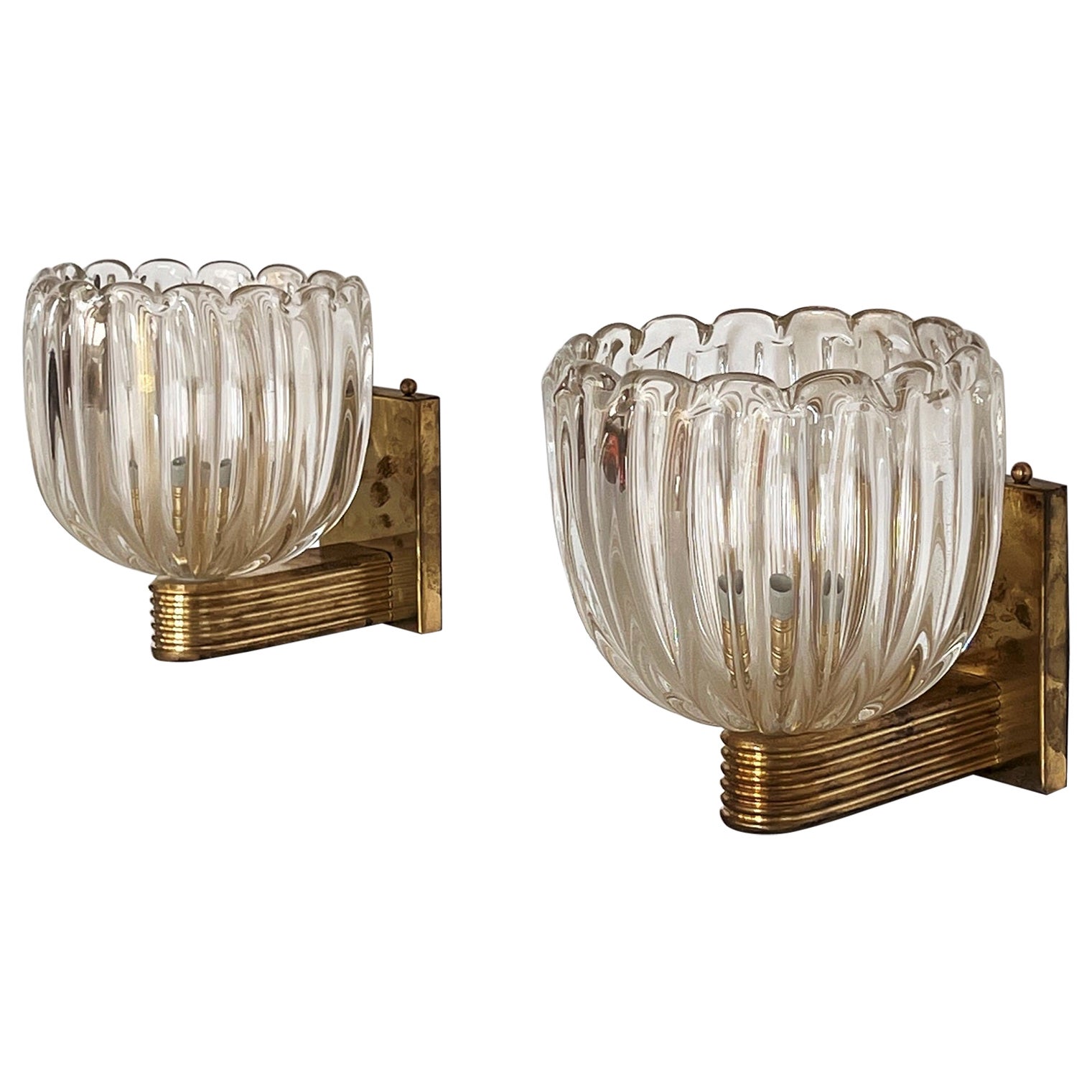 Italian Brass and Murano Glass Wall Lights or Sconces in Art Deco Style, 1990s