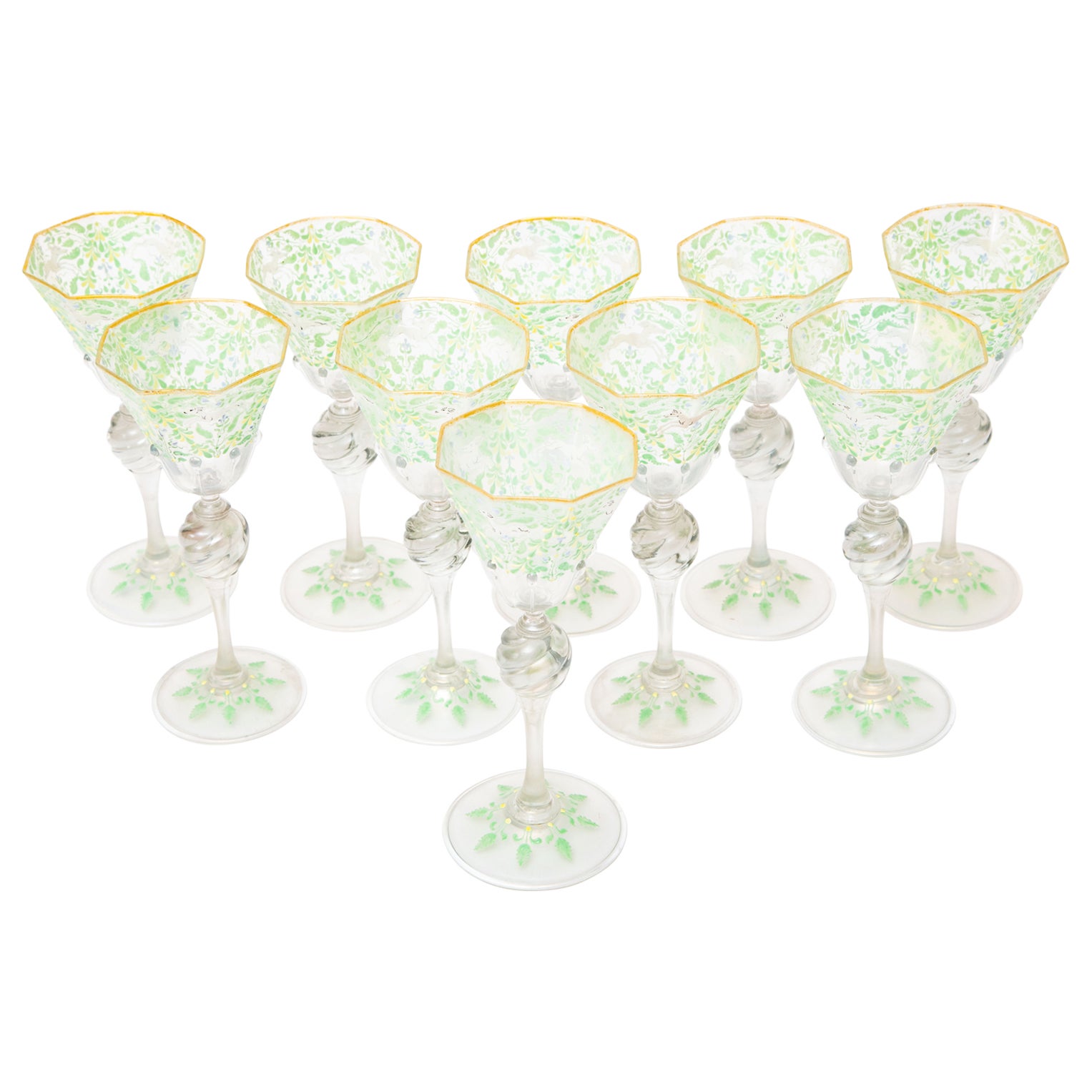 10 Antique Venetian Goblets, Hand Enameled circa 1890 with Knob Stems