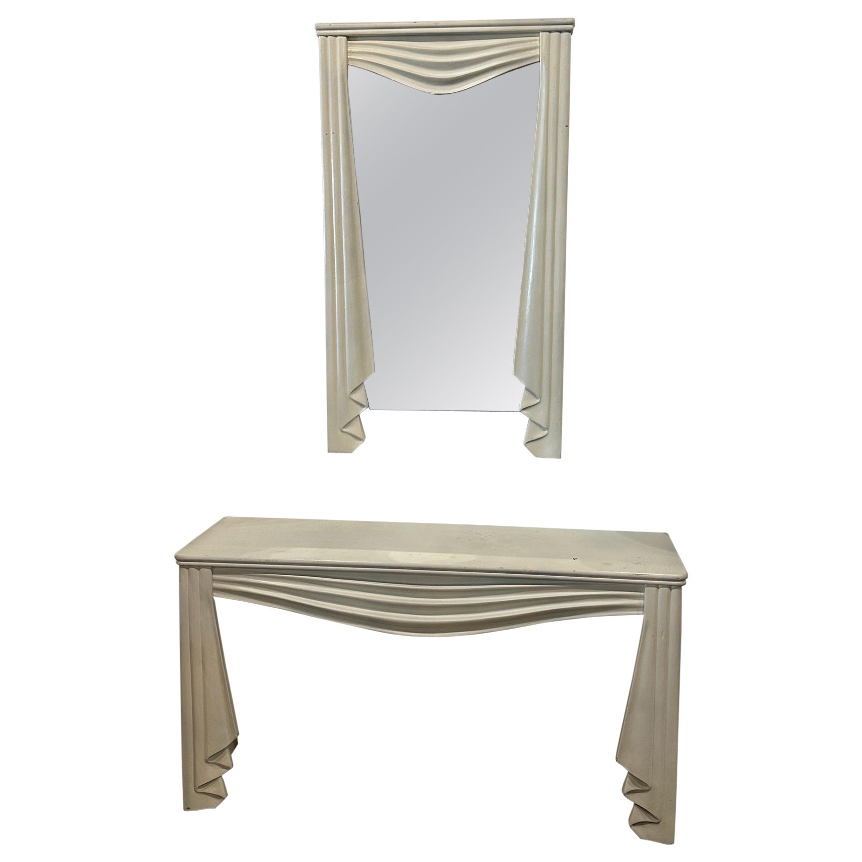 Vintage Drapped Swag Console Table & Wall Mirror Dorothy Draper Style For Sale