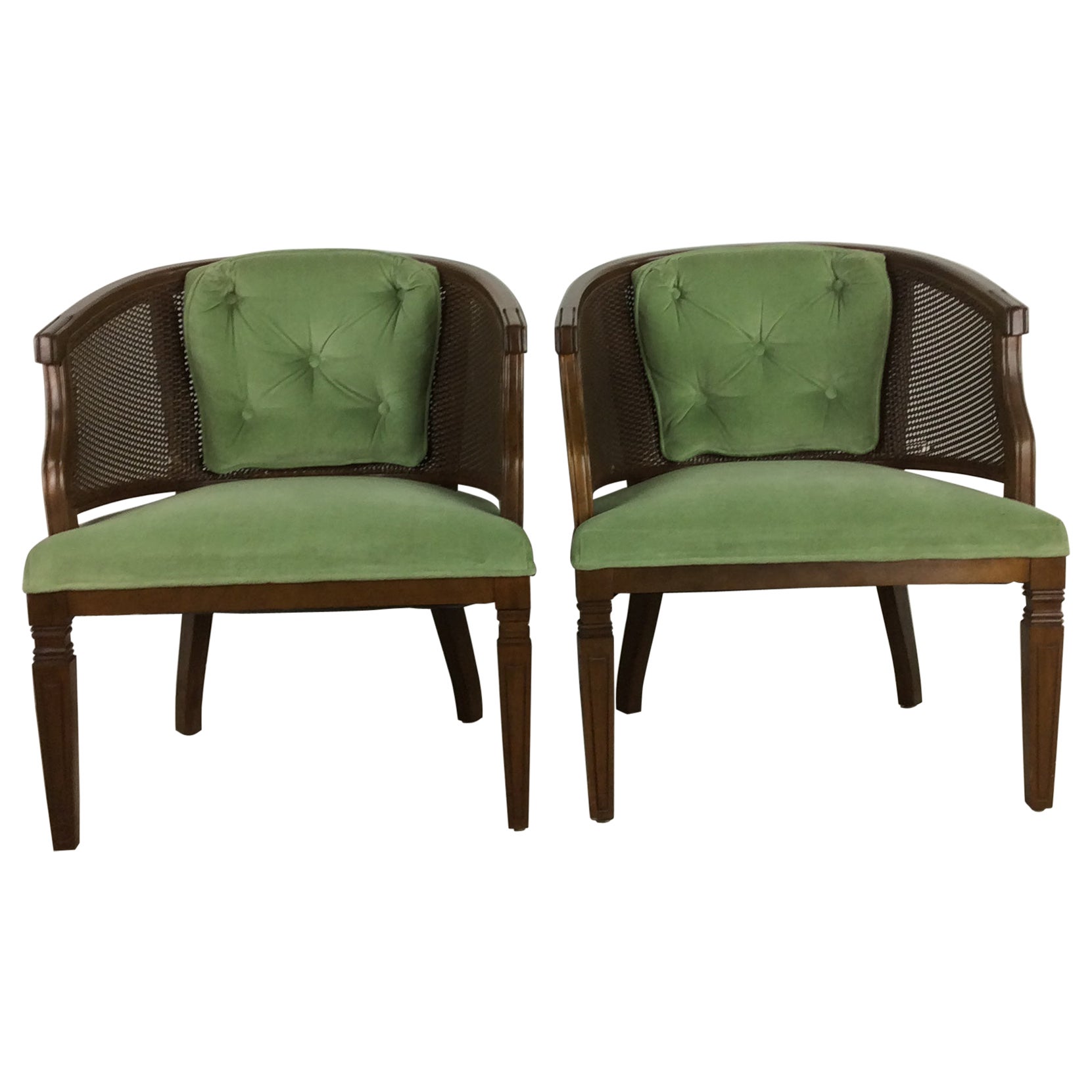 Pair of Mid-Century Modern Green Tufted Accent Chairs with Caning