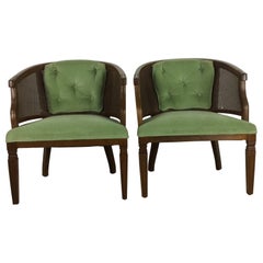 Pair of Mid-Century Modern Green Tufted Accent Chairs with Caning