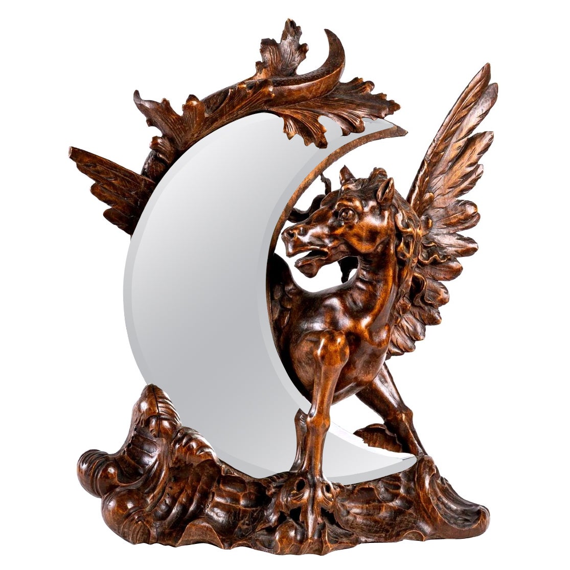 Miroir de table en forme de lune - Sculpture de Pégase en bois attribuée à Gabriel Viardot