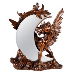 Moon Shaped Table Mirror- Wooden Pegasus Sculpture Attributed To Gabriel Viardot