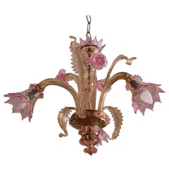 Joli lustre vénitien, verre rose et or, années 1950