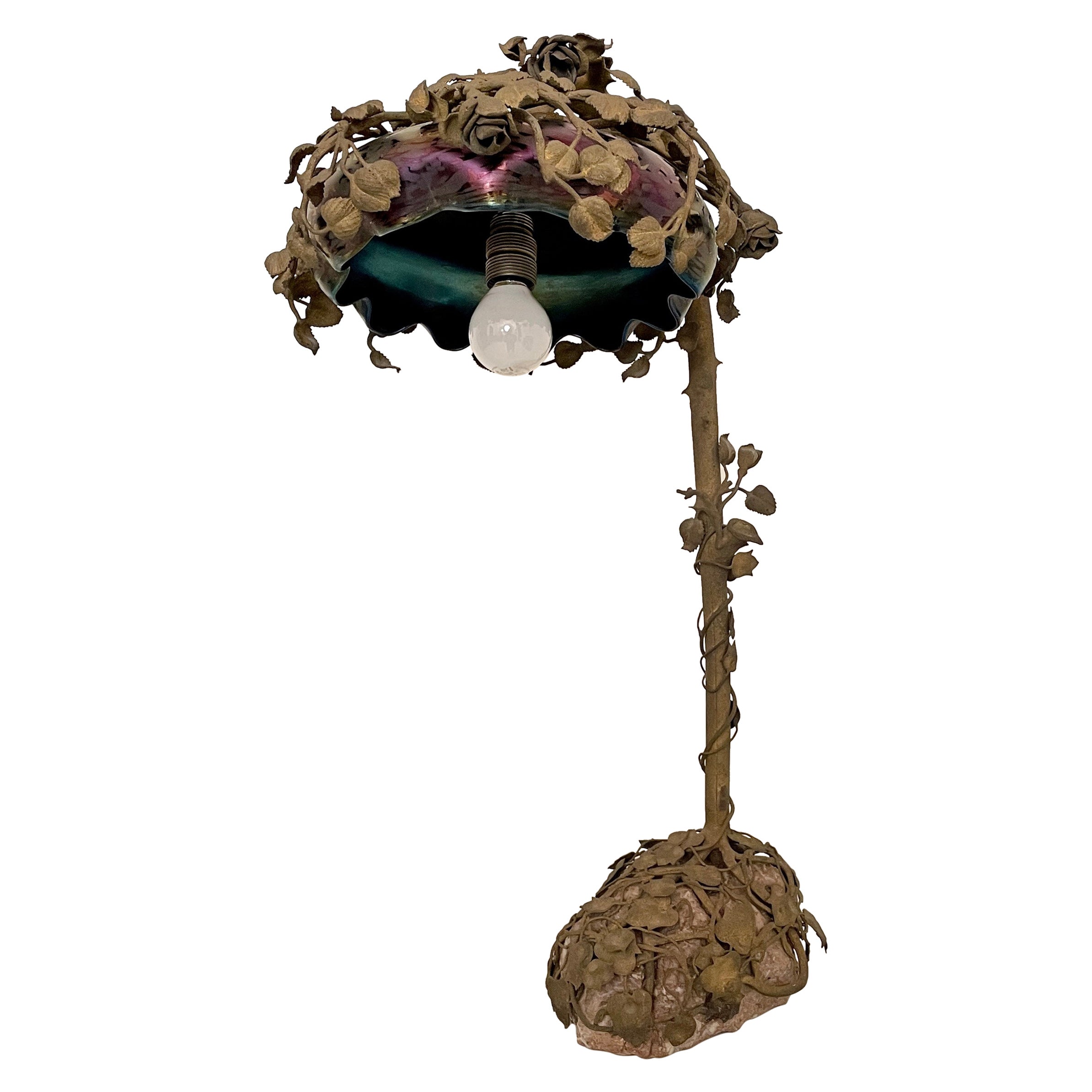 French Art Nouveau Table Lamp Cast Bronze Rose Tree, Enameled Glass, Around 1910 For Sale