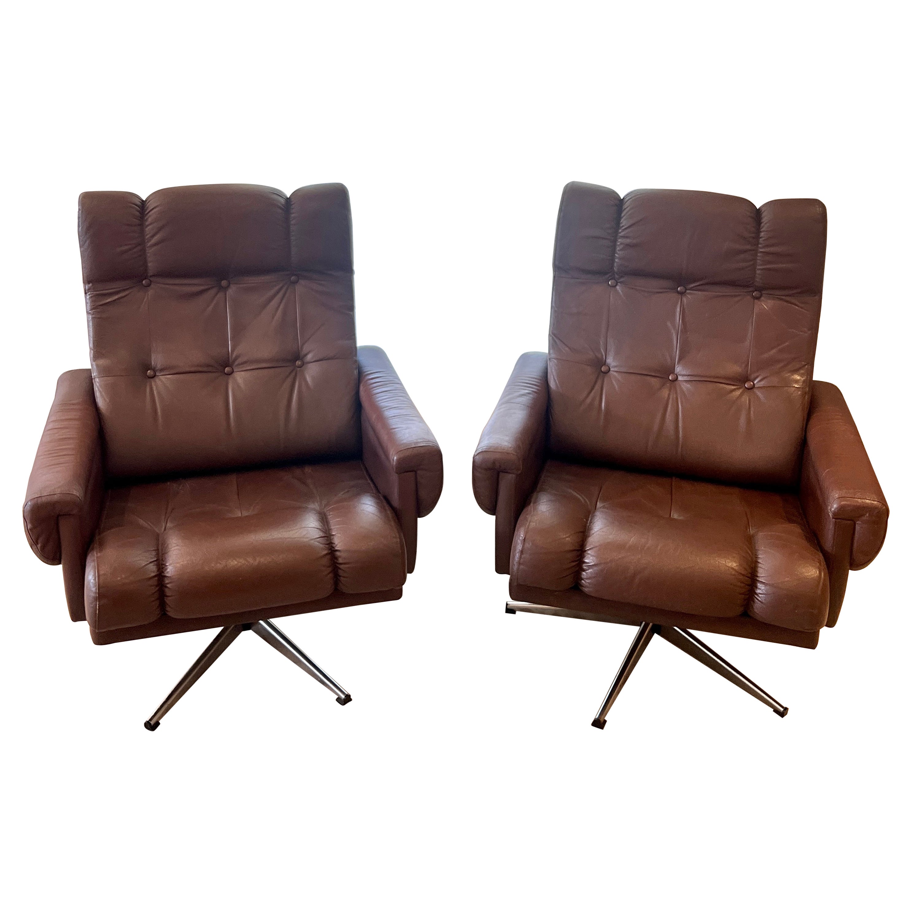 Vintage Mid-Century Modern Scandinavian Brown Leather Swivel Lounge Chairs
