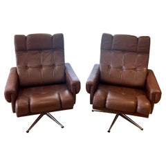 Vintage Mid-Century Modern Scandinavian Brown Leather Swivel Lounge Chairs