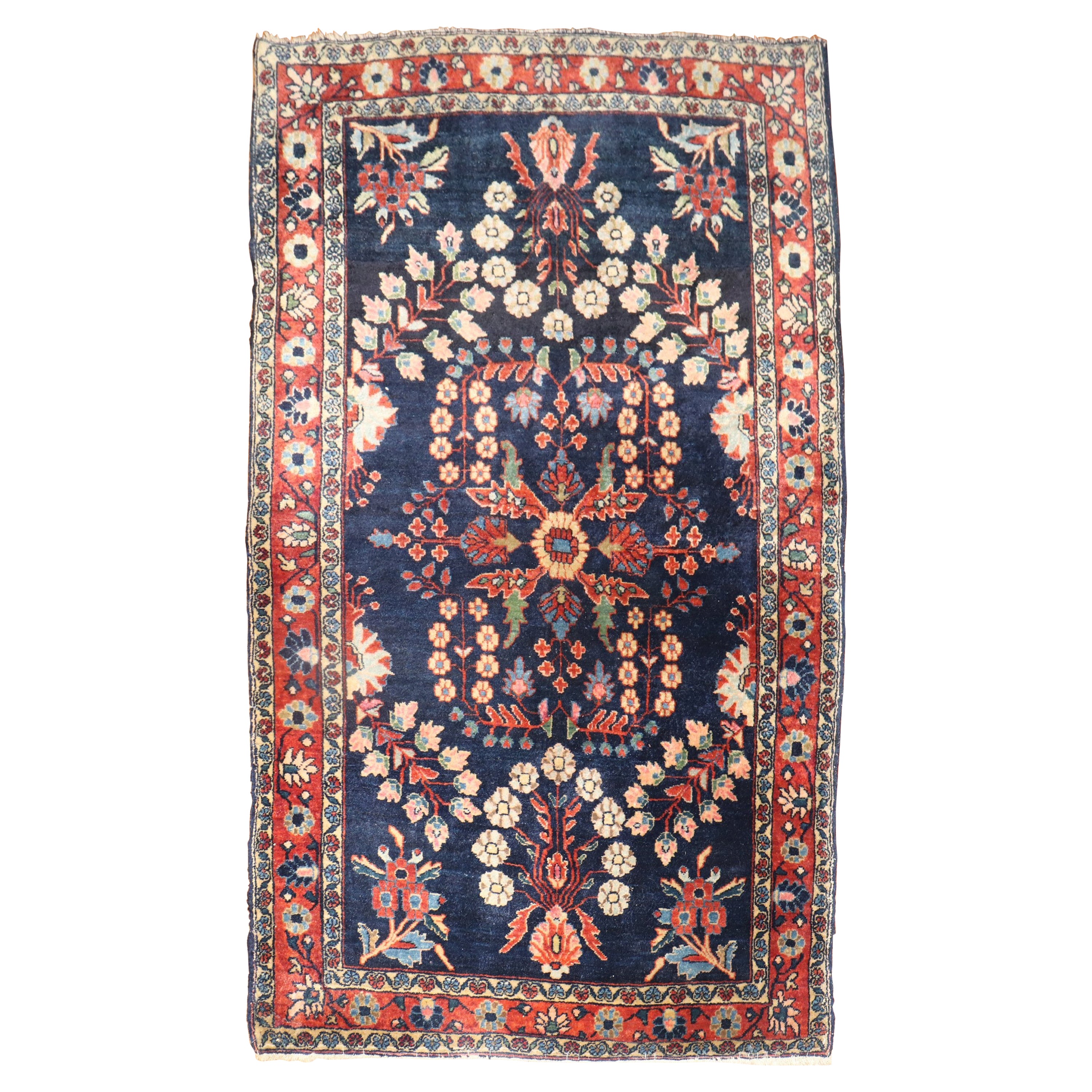Ancien tapis persan Sarouk bleu marine