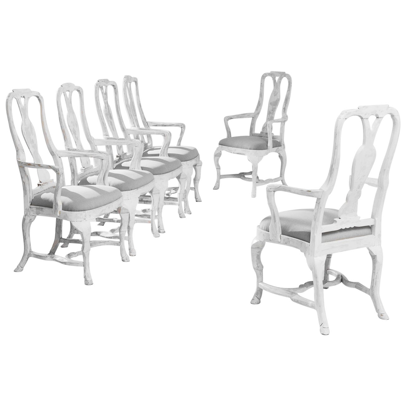 White Painted Rococo Dining Chair with Striped Upholstery from the