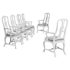 Vintage Swedish White and Grey Patinated Dining Chairs, Set of Six