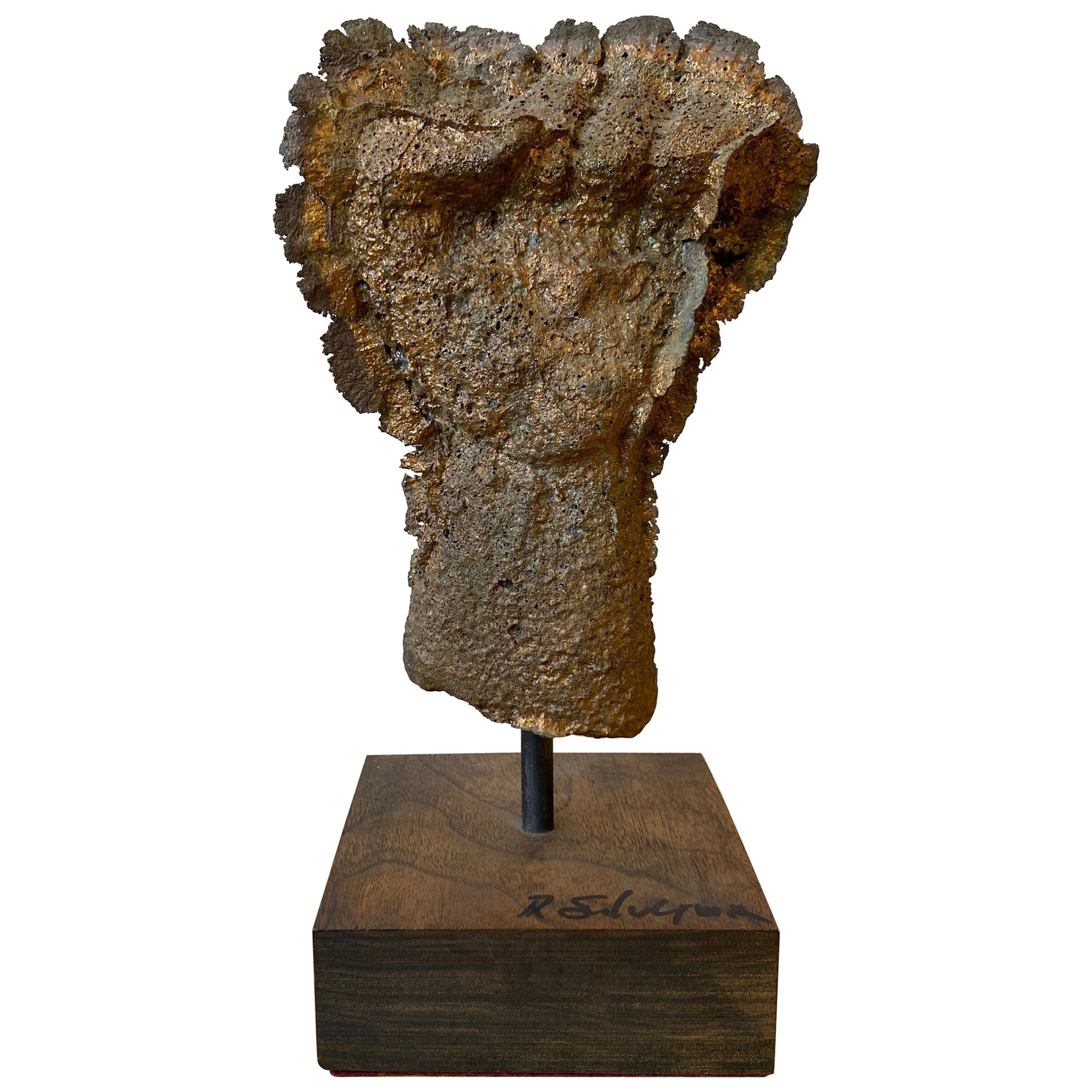 Vintage Cast Bronze Fist Sculpture on Wood Base, Signed R Silverman, circa 1980s For Sale