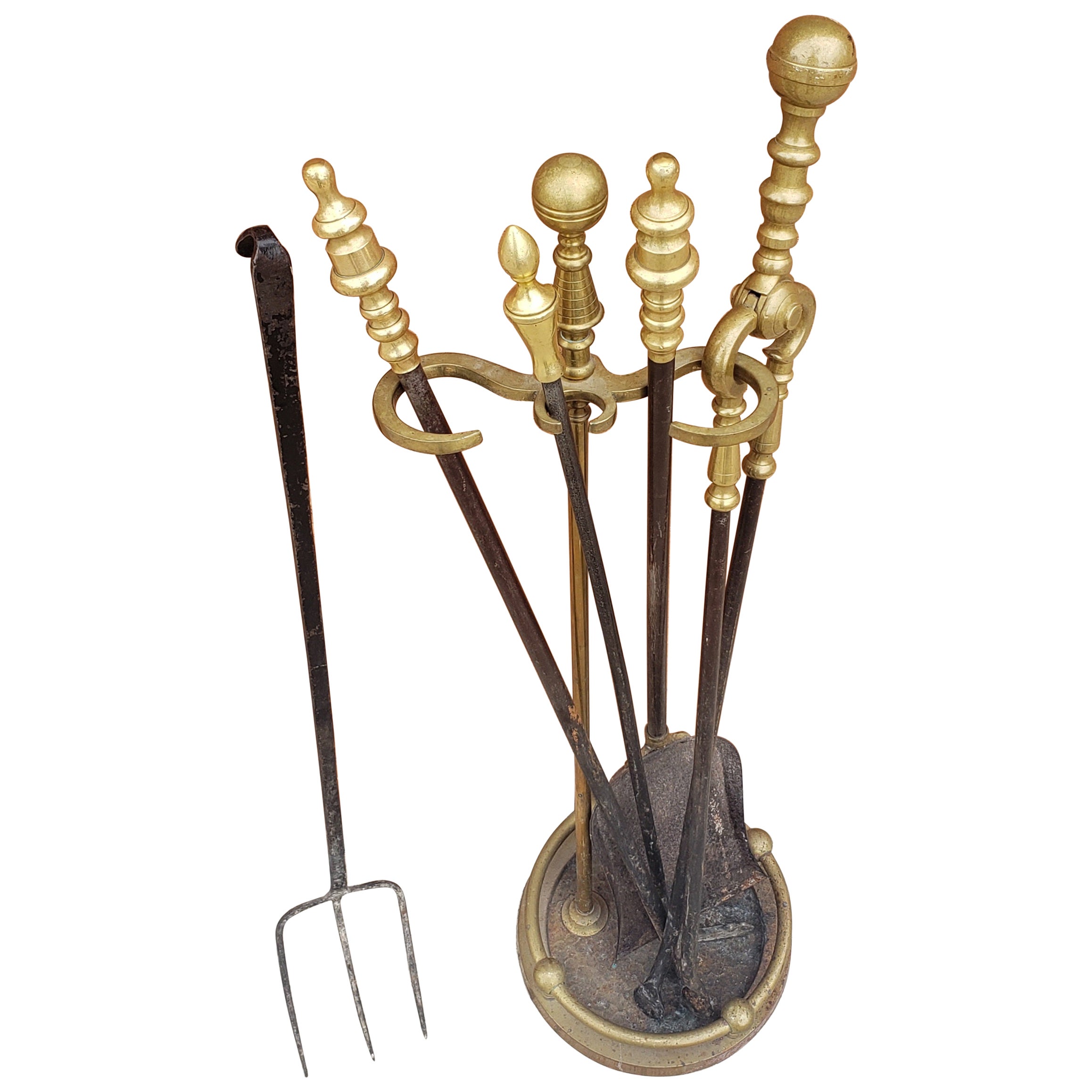 Six-Piece George III Cast Brass and Iron Fireplace Tool Set For Sale