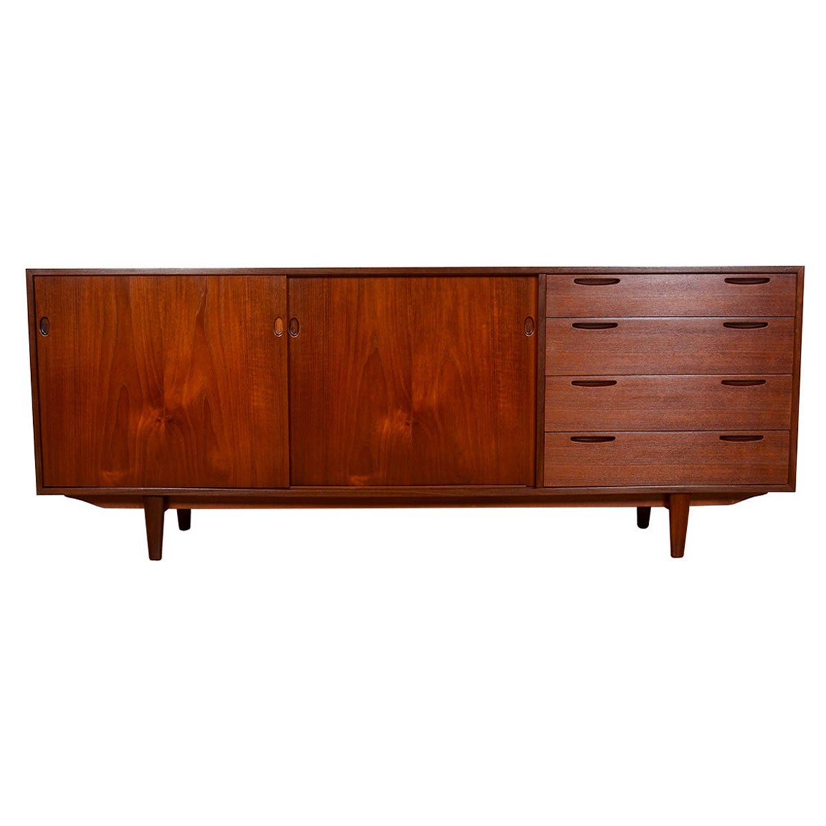 Kofod-Larsen Danish Teak Long Sliding Door Sideboard with Drawers For Sale