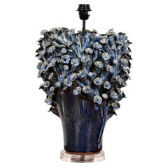 Navy Blue Sculptural Floral Ceramic Table Lamp